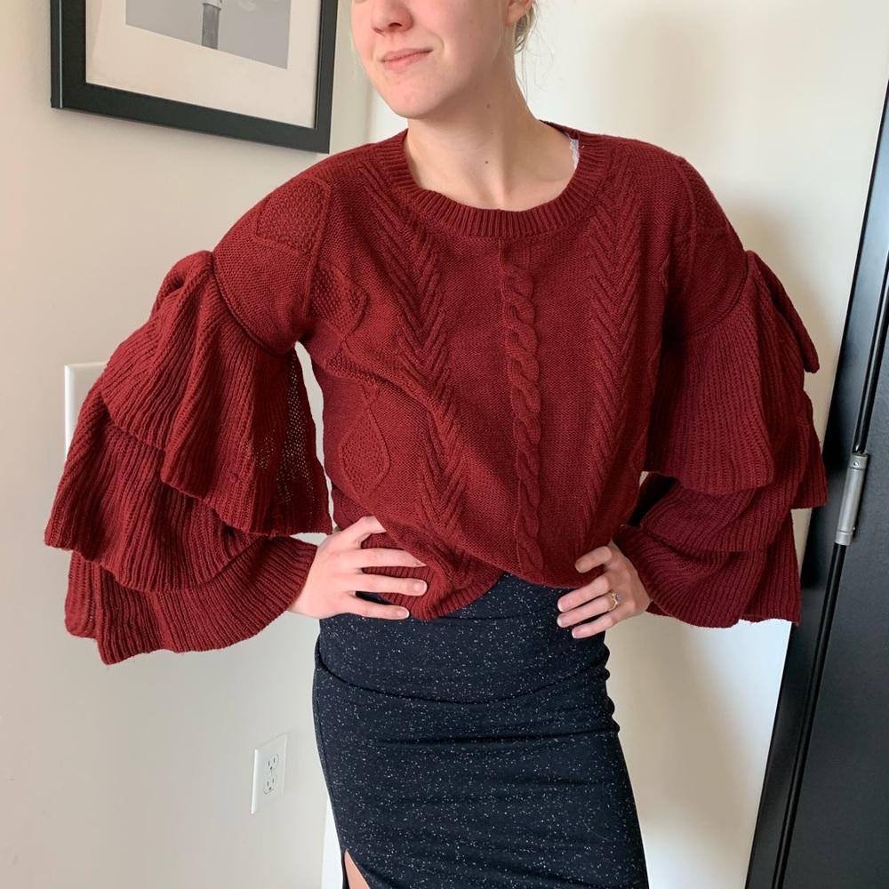 Elam Ruffled Sleeve Burgundy Sweater - Picture 4 of 5